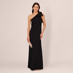 Adrianna Papell Stretch Crepe One Shoulder Mermaid Gown With Bow Accent In Black